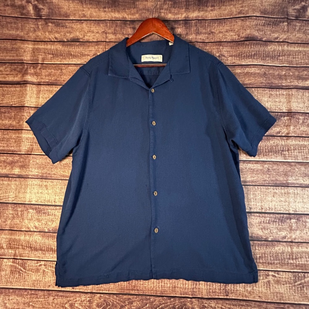 Tommy Bahama Mens XL Silk Rayon Short Sleeve Camp Shirt Navy Blue Textured Weave